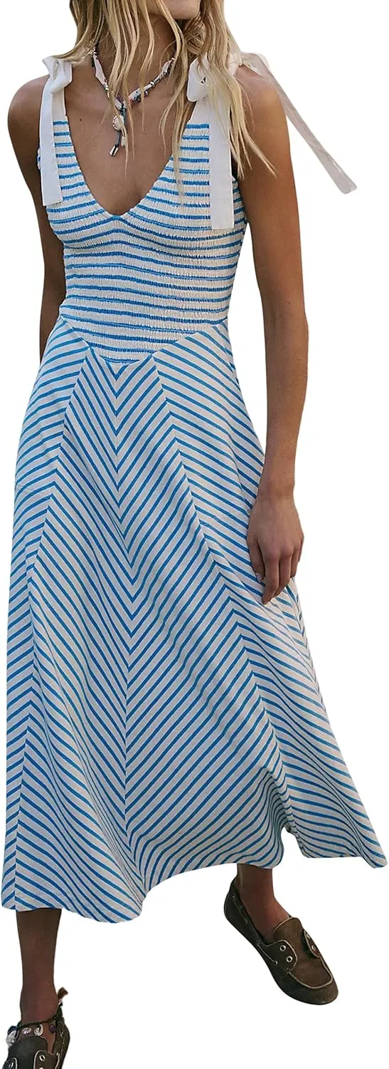 Casual Summer Maxi Dresses Striped Smocked V Neck Sleeveless Sundress Tie Strap Flowy Beach Long Dress with Pockets