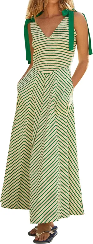 Casual Summer Maxi Dresses Striped Smocked V Neck Sleeveless Sundress Tie Strap Flowy Beach Long Dress with Pockets