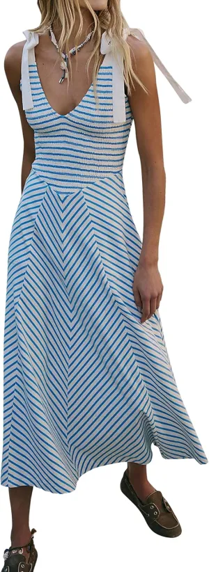 Casual Summer Maxi Dresses Striped Smocked V Neck Sleeveless Sundress Tie Strap Flowy Beach Long Dress with Pockets