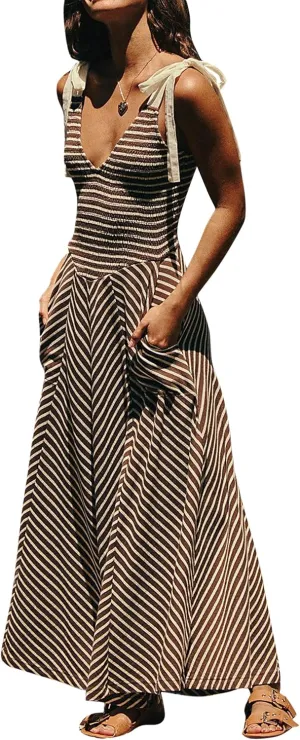 Casual Summer Maxi Dresses Striped Smocked V Neck Sleeveless Sundress Tie Strap Flowy Beach Long Dress with Pockets