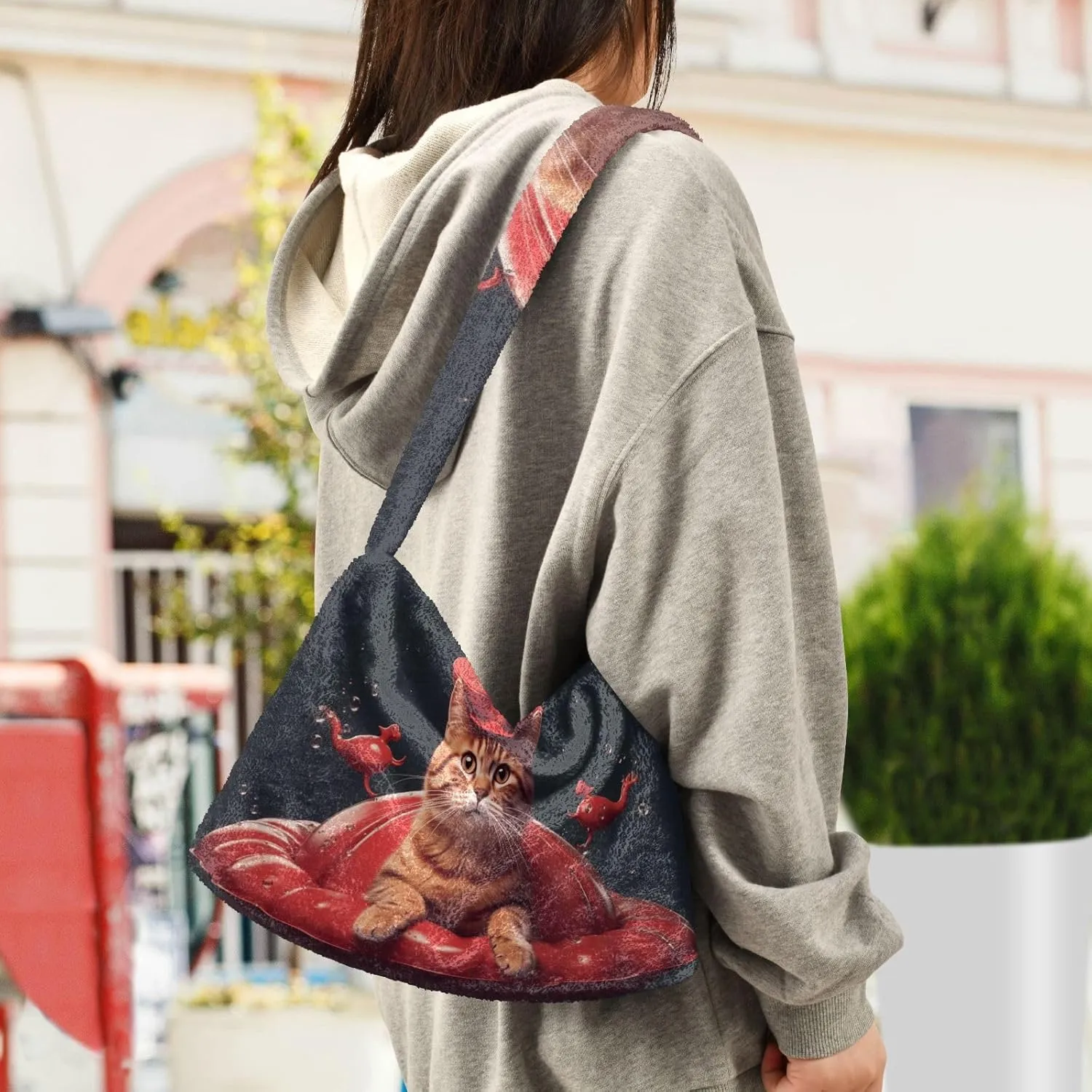 Cat on Red Crab Floating Womens Shoulder Bag, Lady Shoulder Handbag, Shoulder Tote Bag for Women