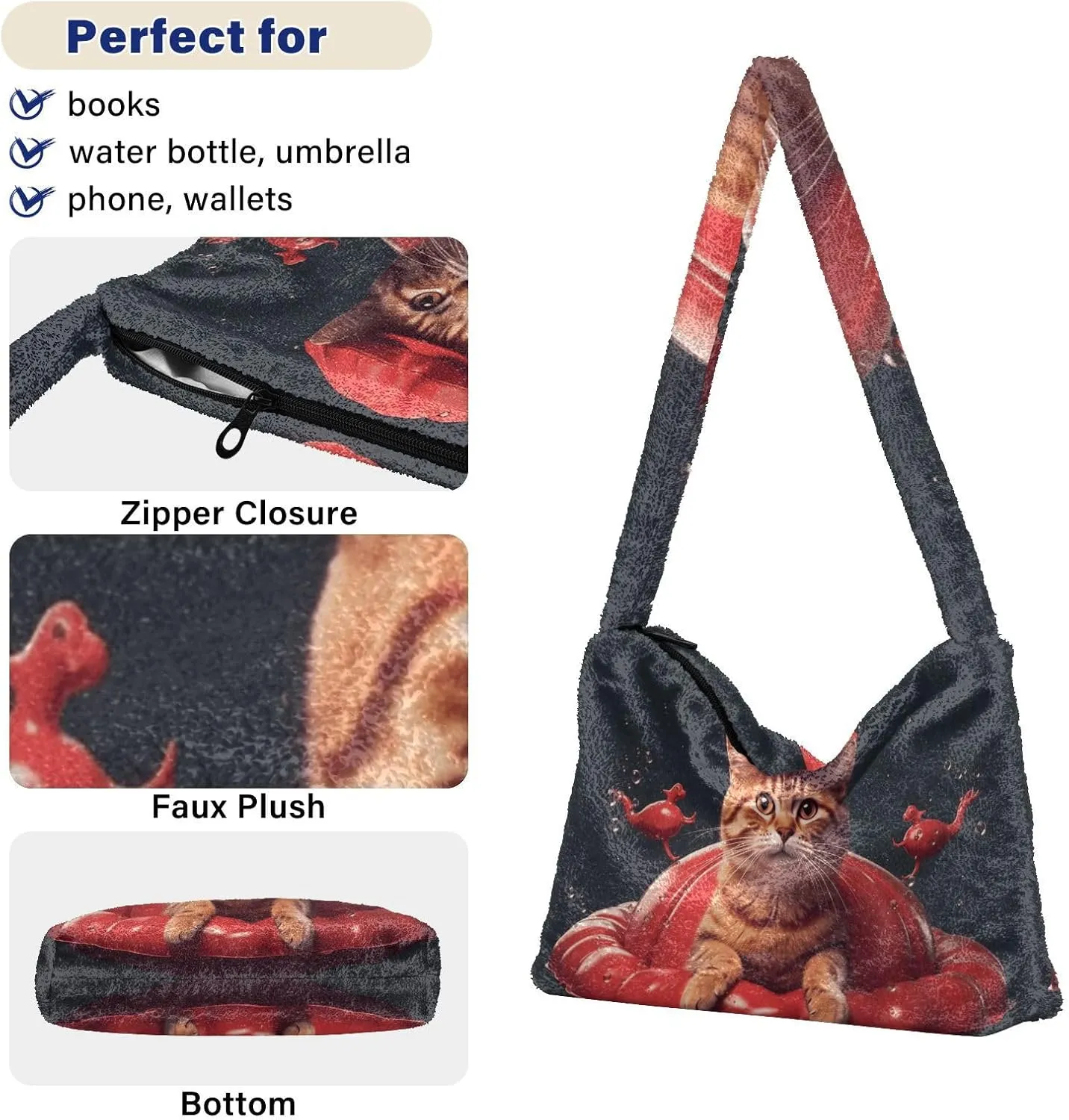 Cat on Red Crab Floating Womens Shoulder Bag, Lady Shoulder Handbag, Shoulder Tote Bag for Women