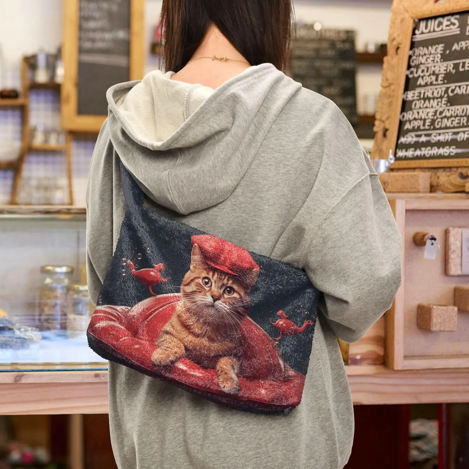 Cat on Red Crab Floating Womens Shoulder Bag, Lady Shoulder Handbag, Shoulder Tote Bag for Women
