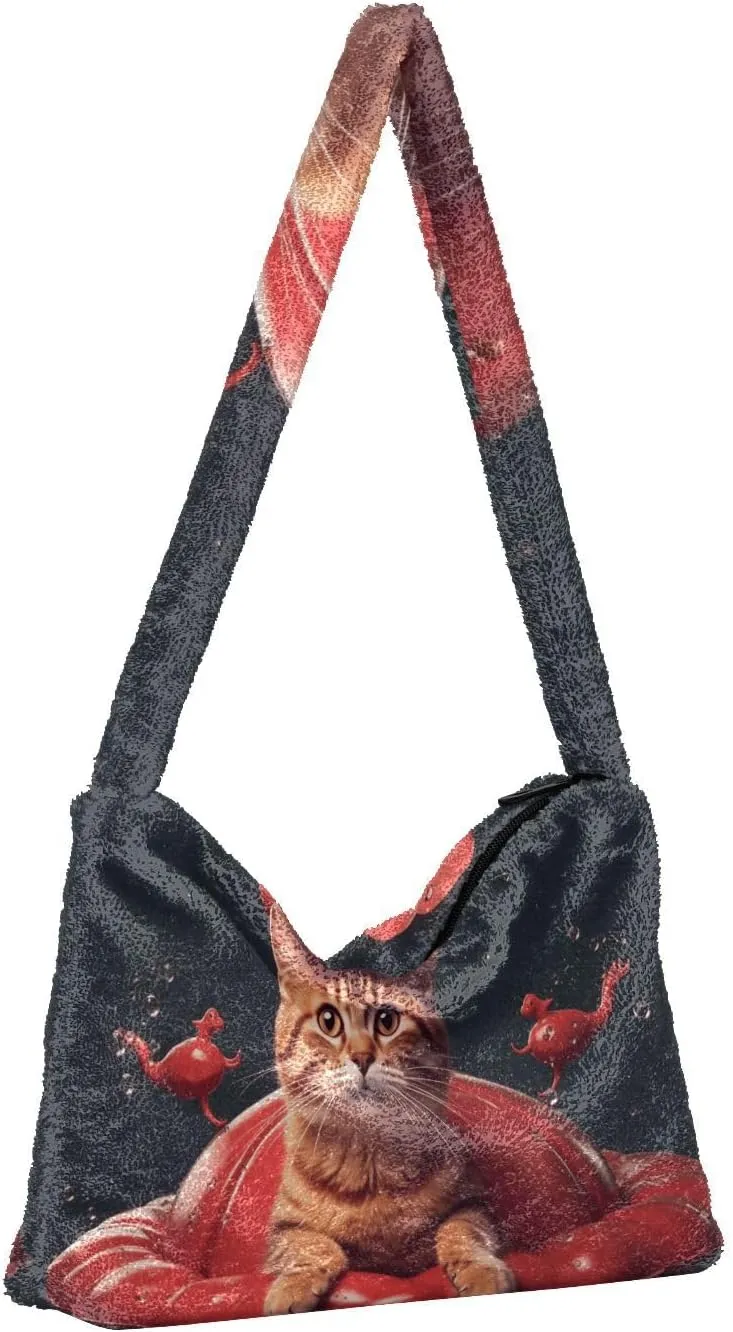 Cat on Red Crab Floating Womens Shoulder Bag, Lady Shoulder Handbag, Shoulder Tote Bag for Women