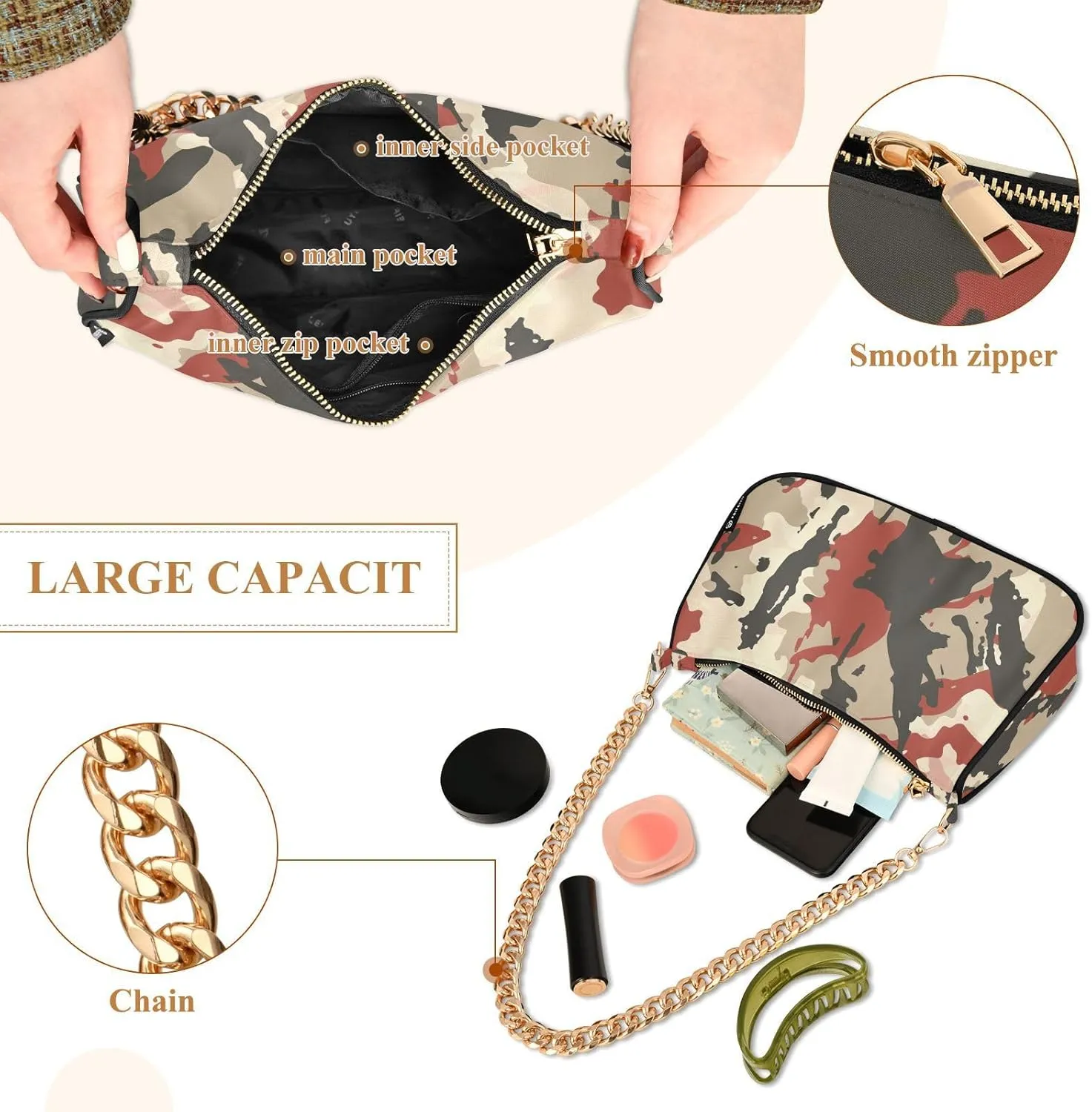 Chain Shoulder Purse Bag with Zipper Pocket for Women Mini Small Hobo Tote Clutch Handbags with Gold Chain Strap