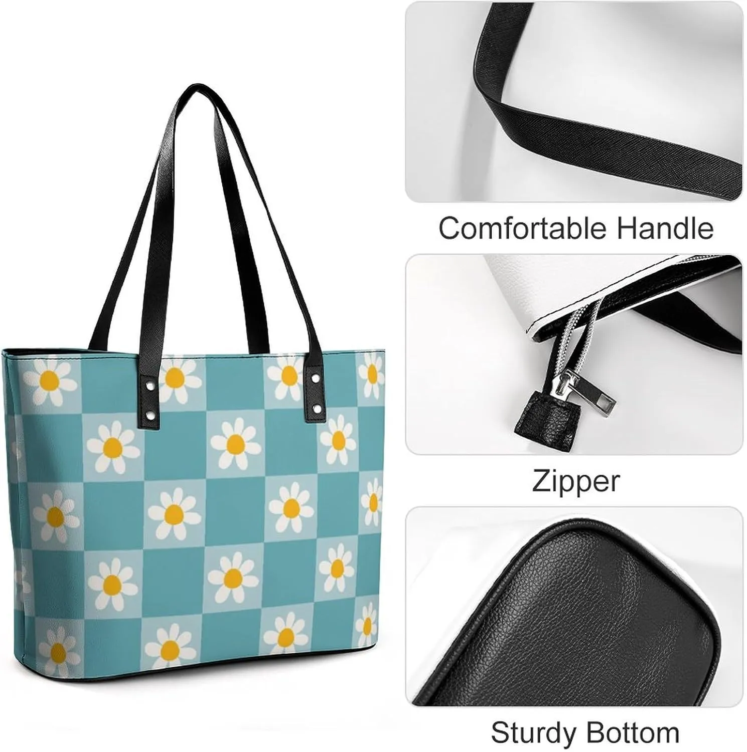 Chamomile Flower Blue Hobo Handbags With Zipper Large Capacity Satchel Tote Bag Shoulder Bag