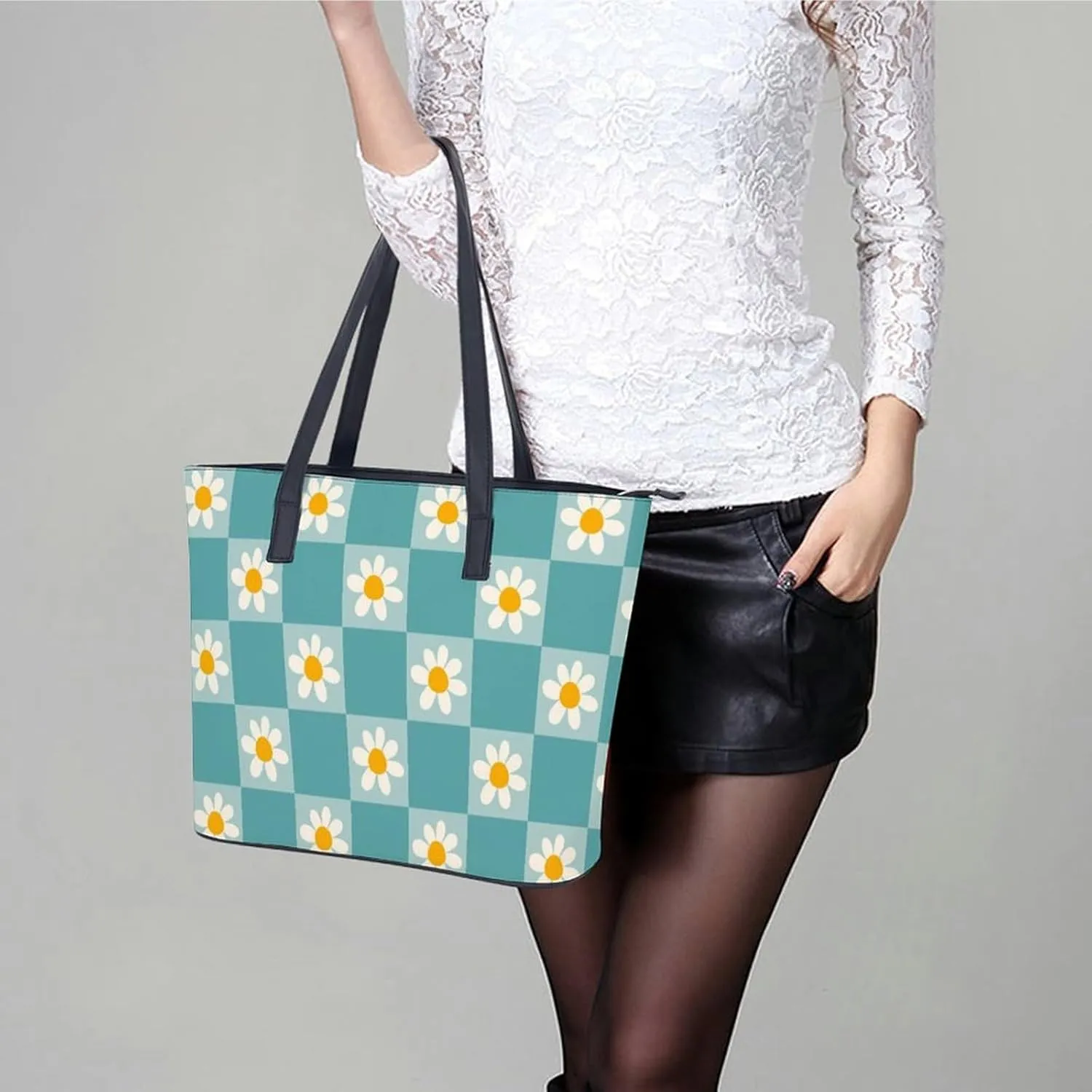 Chamomile Flower Blue Hobo Handbags With Zipper Large Capacity Satchel Tote Bag Shoulder Bag