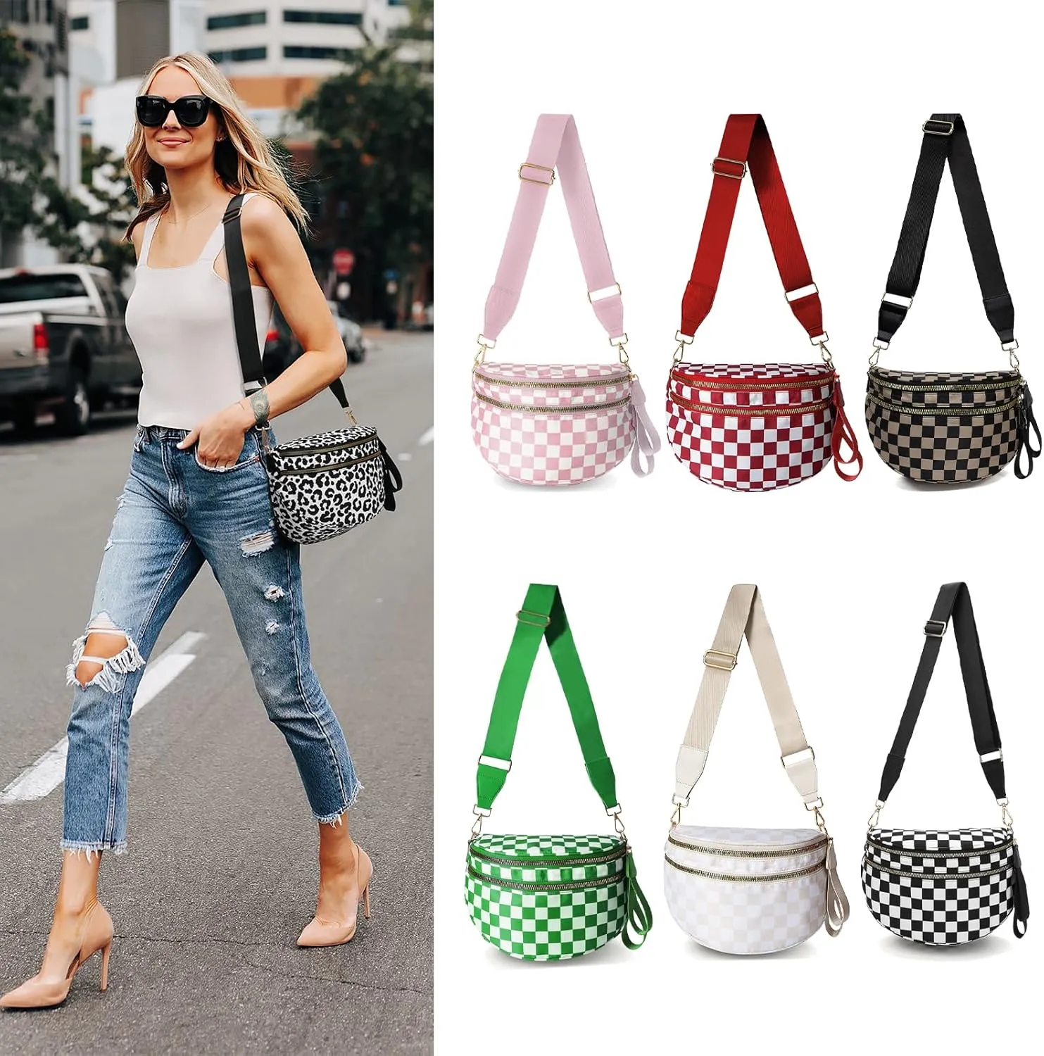 Checkered Nylon Crossbody Bags for Women Plaid Crescent Waist Bag Crescent Fanny Pack Shoulder Bag Handbags (Black-White)