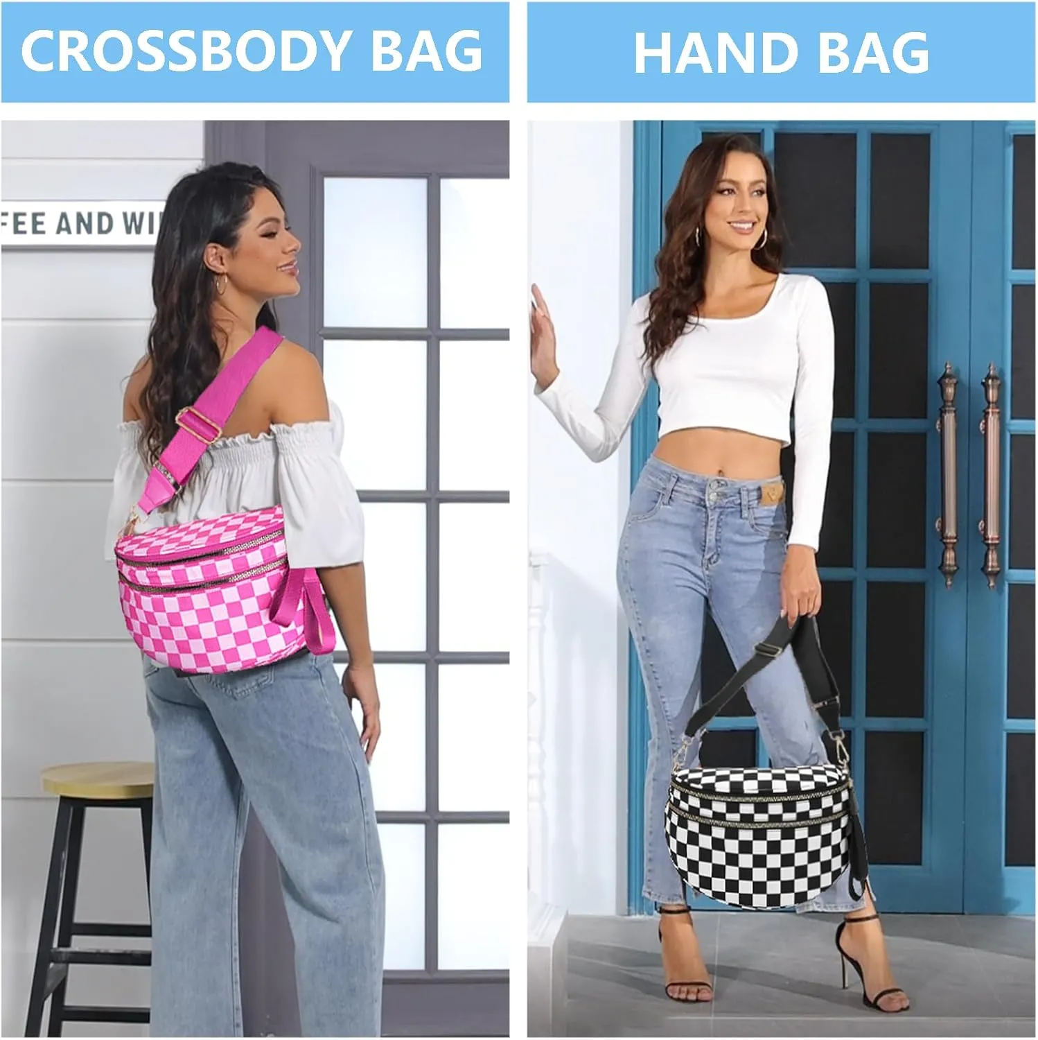 Checkered Nylon Crossbody Bags for Women Plaid Crescent Waist Bag Crescent Fanny Pack Shoulder Bag Handbags (Black-White)