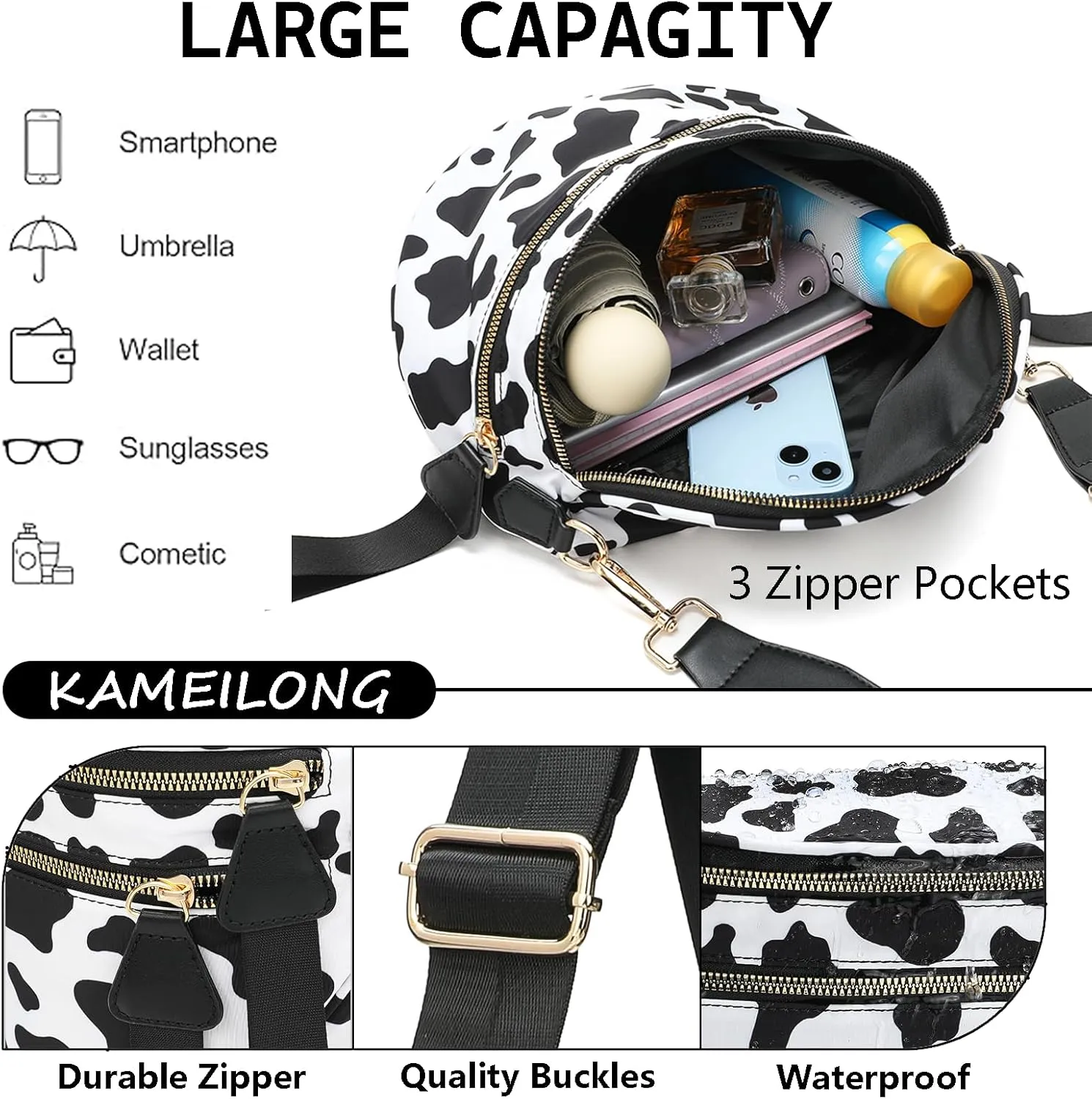 Checkered Nylon Crossbody Bags for Women Plaid Crescent Waist Bag Crescent Fanny Pack Shoulder Bag Handbags (Black-White)