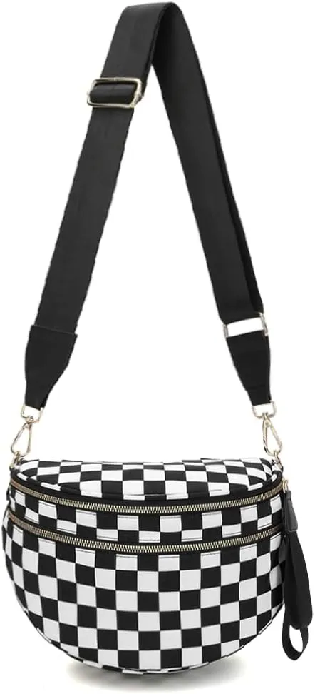 Checkered Nylon Crossbody Bags for Women Plaid Crescent Waist Bag Crescent Fanny Pack Shoulder Bag Handbags (Black-White)