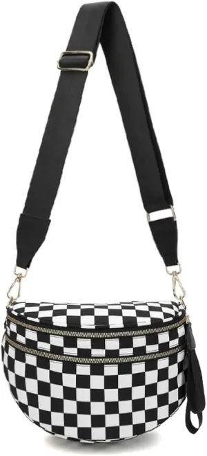 Checkered Nylon Crossbody Bags for Women Plaid Crescent Waist Bag Crescent Fanny Pack Shoulder Bag Handbags (Black-White)