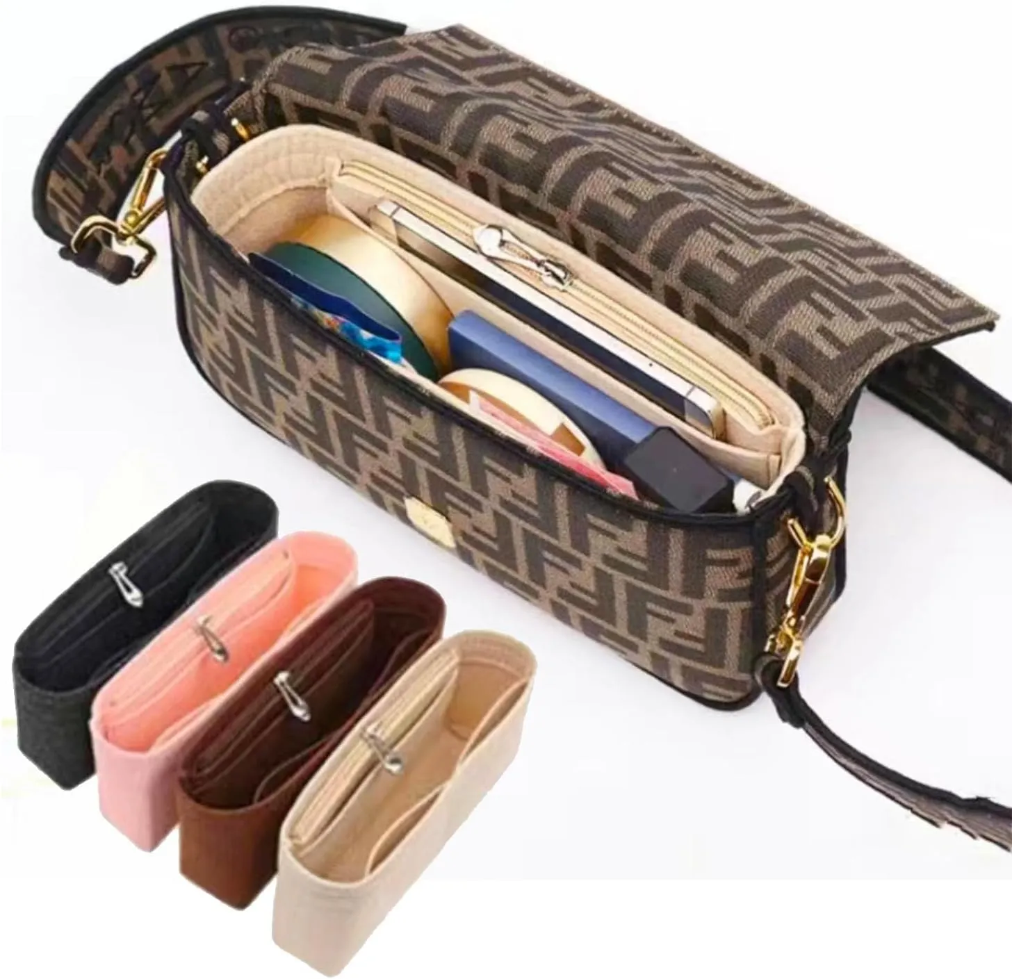 Chispee Felt Bag Organizer Insert with Zipper for Small Tote, Baguette & Handbags (Small, Pink)