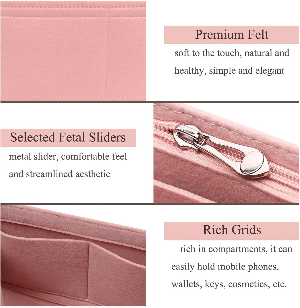Chispee Felt Bag Organizer Insert with Zipper for Small Tote, Baguette & Handbags (Small, Pink)