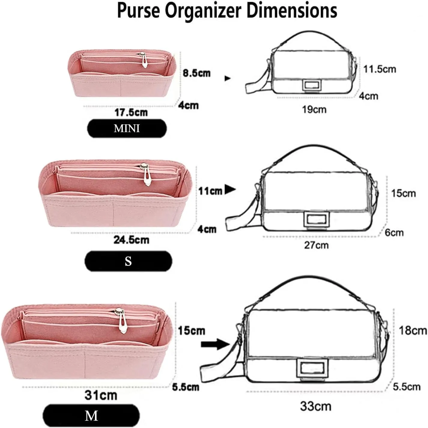 Chispee Felt Bag Organizer Insert with Zipper for Small Tote, Baguette & Handbags (Small, Pink)