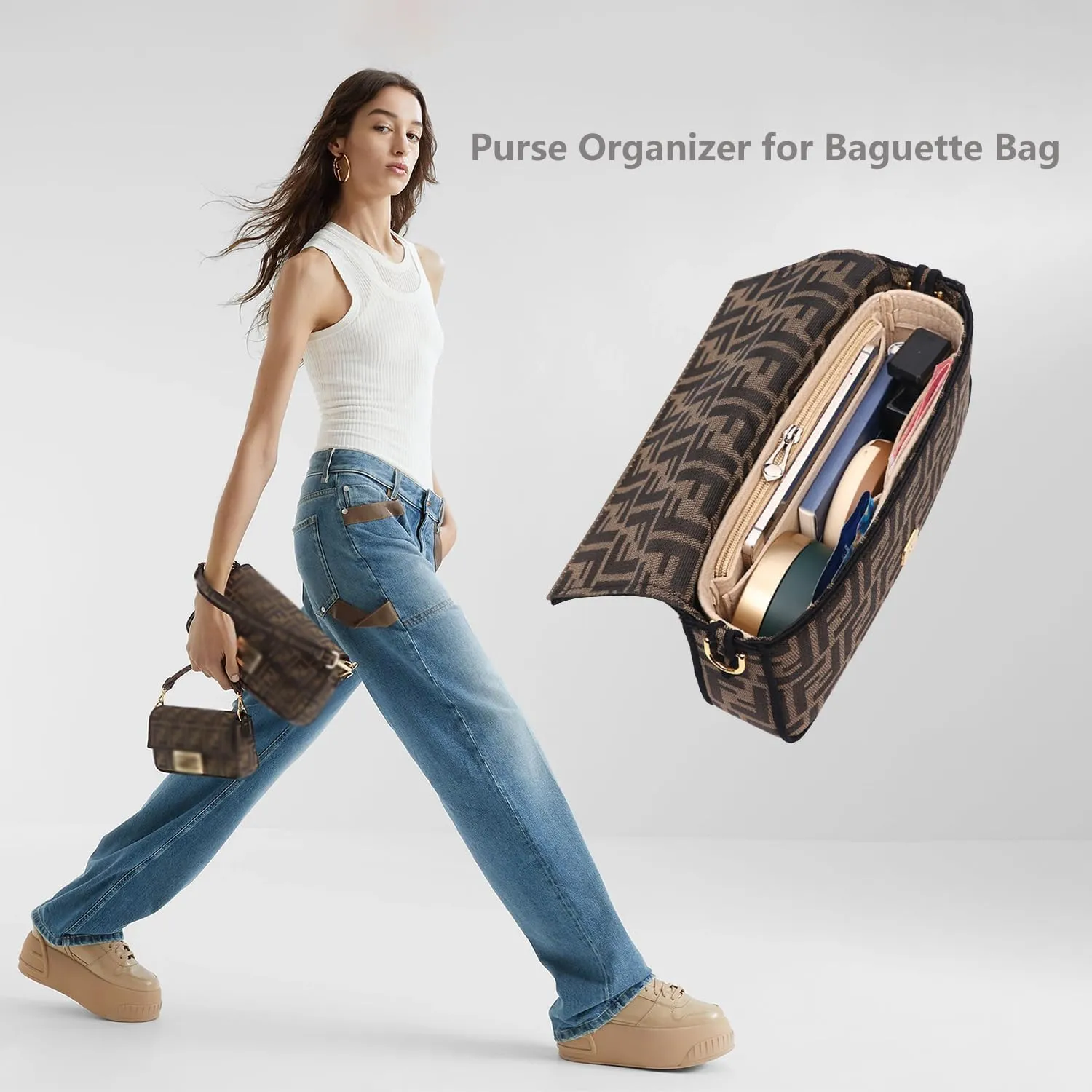 Chispee Felt Bag Organizer Insert with Zipper for Small Tote, Baguette & Handbags (Small, Pink)