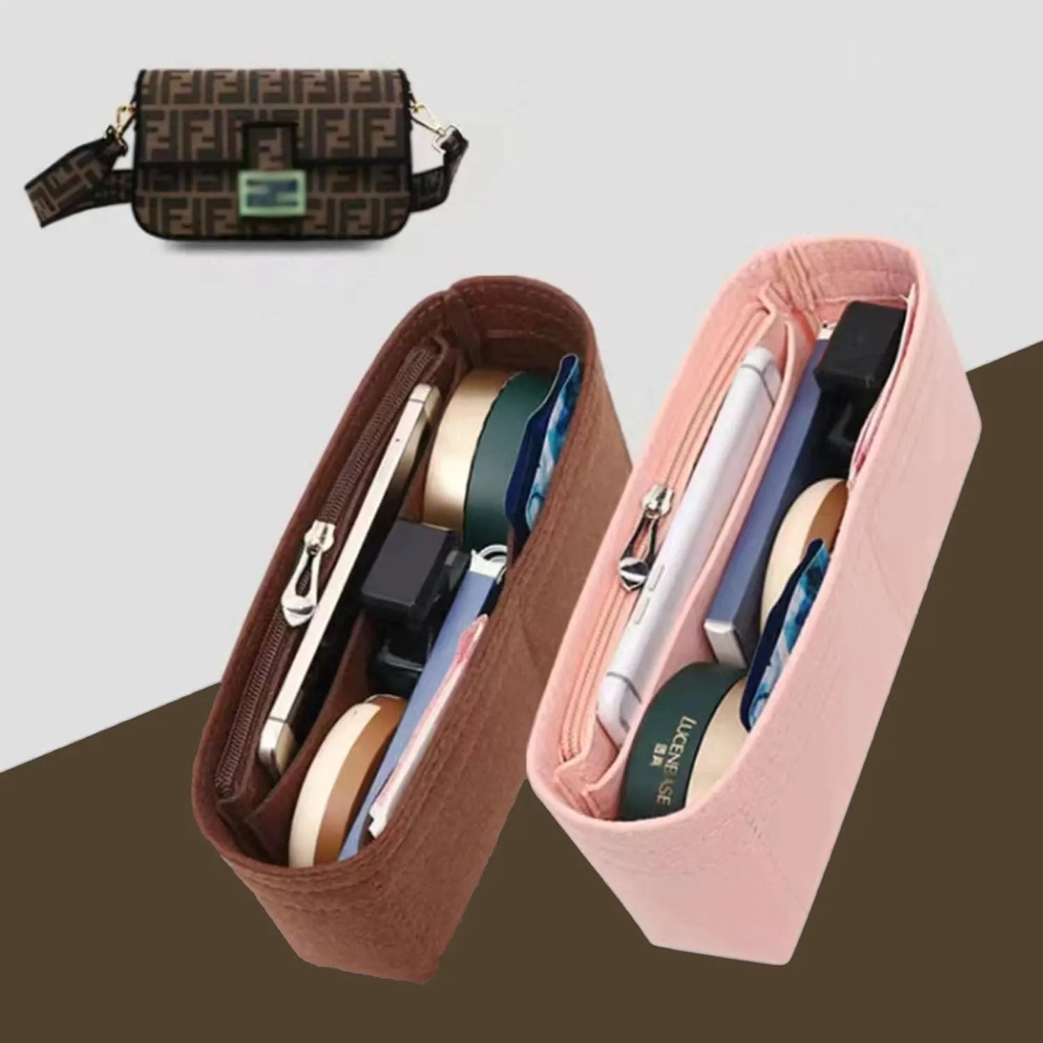 Chispee Felt Bag Organizer Insert with Zipper for Small Tote, Baguette & Handbags (Small, Pink)