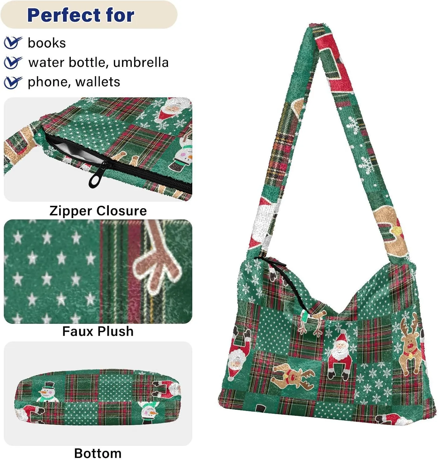 Christmas Green Ladies Shoulder Handbags, Plush Undersrm Bag, Shoulder Handbag Women