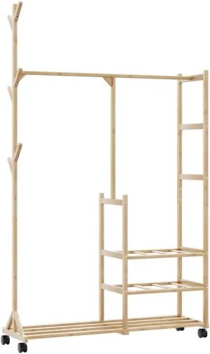 Clothes Rack with Shelves and Wheels, 3-Shelf Organizer with Hooks, 39.4" x 15" x 69.1"