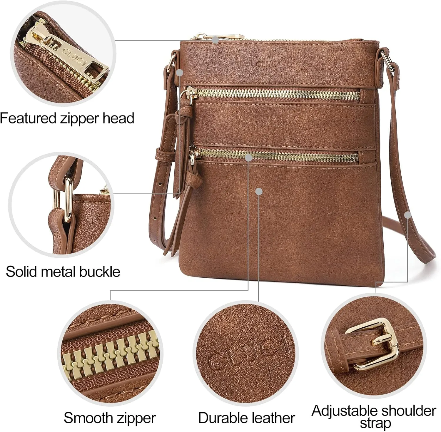 CLUCI Crossbody Purses for Women, Medium Size Zipper Pocket Adjustable Strap, Soft Leather Women's Shoulder Handbags