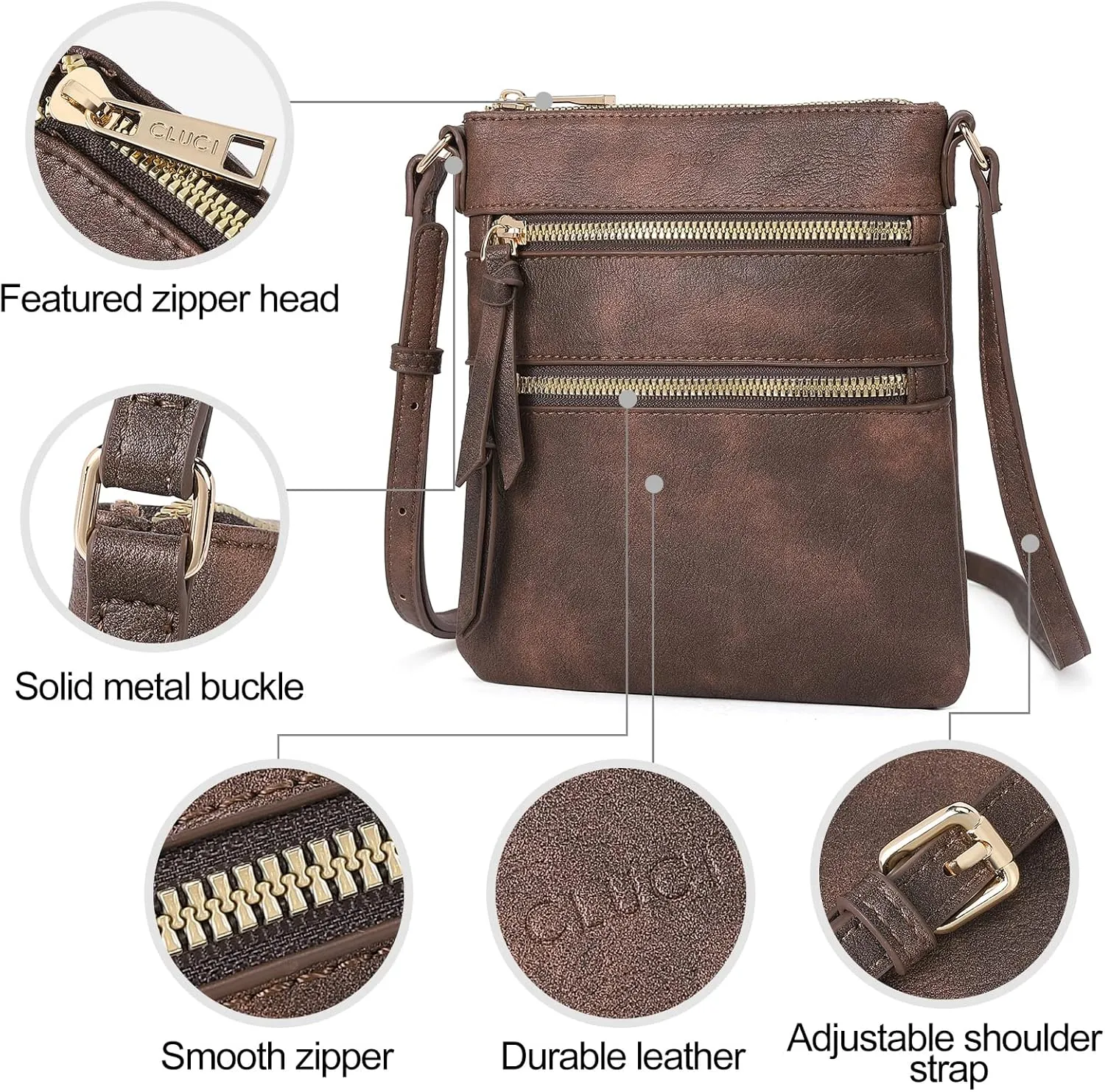 CLUCI Crossbody Purses for Women, Medium Size Zipper Pocket Adjustable Strap, Soft Leather Women's Shoulder Handbags