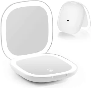 Compact Magnifying Travel Makeup Mirror with LED Light - 3.5 inches 1X/10X Magnification Small Hand Pocket Dimmable Double Sided USB Rechargeable Touch Screen, Portable Tabletop Cosmetic (White)