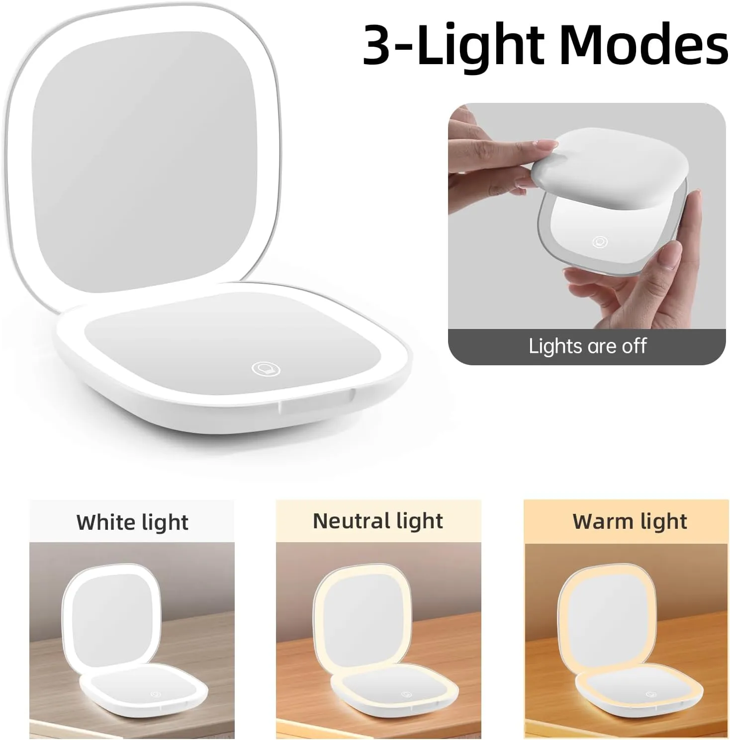 Compact Magnifying Travel Makeup Mirror with LED Light - 3.5 inches 1X/10X Magnification Small Hand Pocket Dimmable Double Sided USB Rechargeable Touch Screen, Portable Tabletop Cosmetic (White)