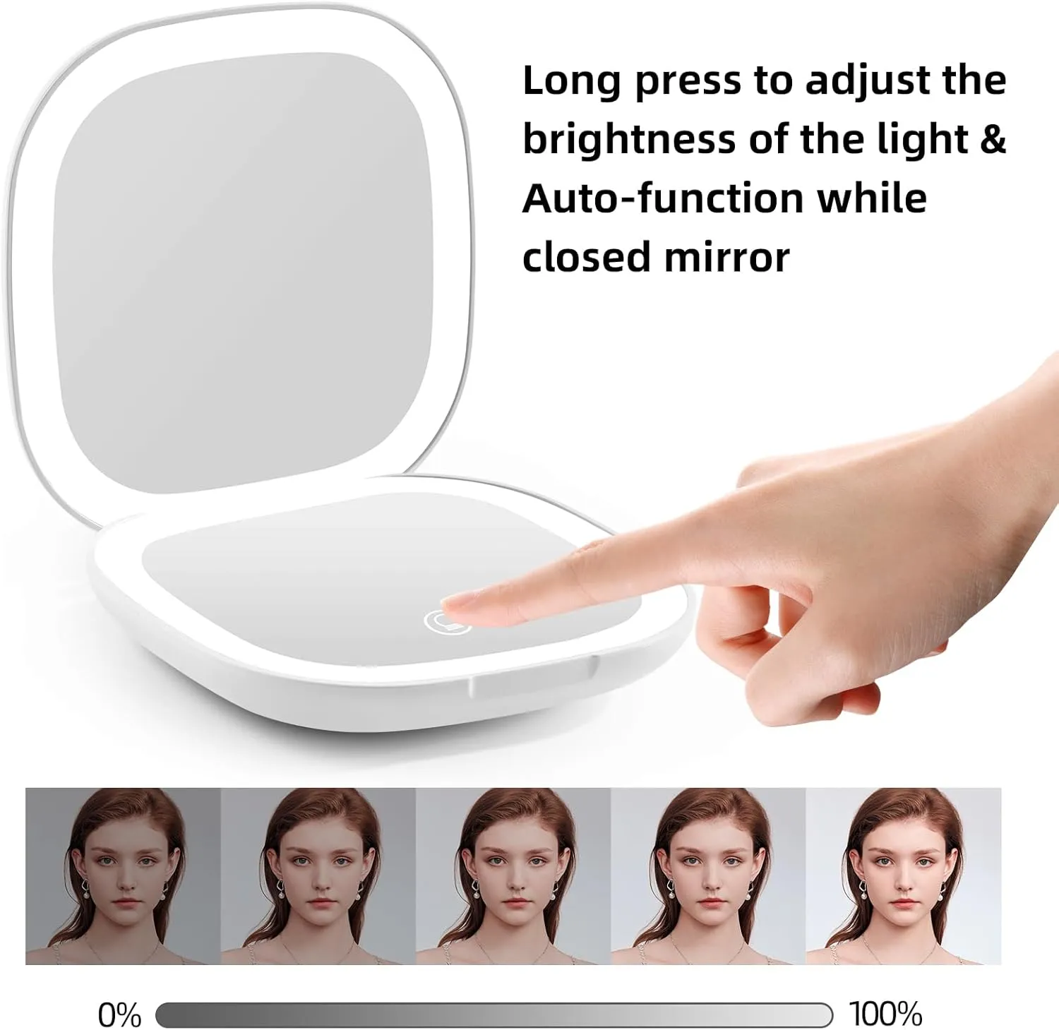 Compact Magnifying Travel Makeup Mirror with LED Light - 3.5 inches 1X/10X Magnification Small Hand Pocket Dimmable Double Sided USB Rechargeable Touch Screen, Portable Tabletop Cosmetic (White)