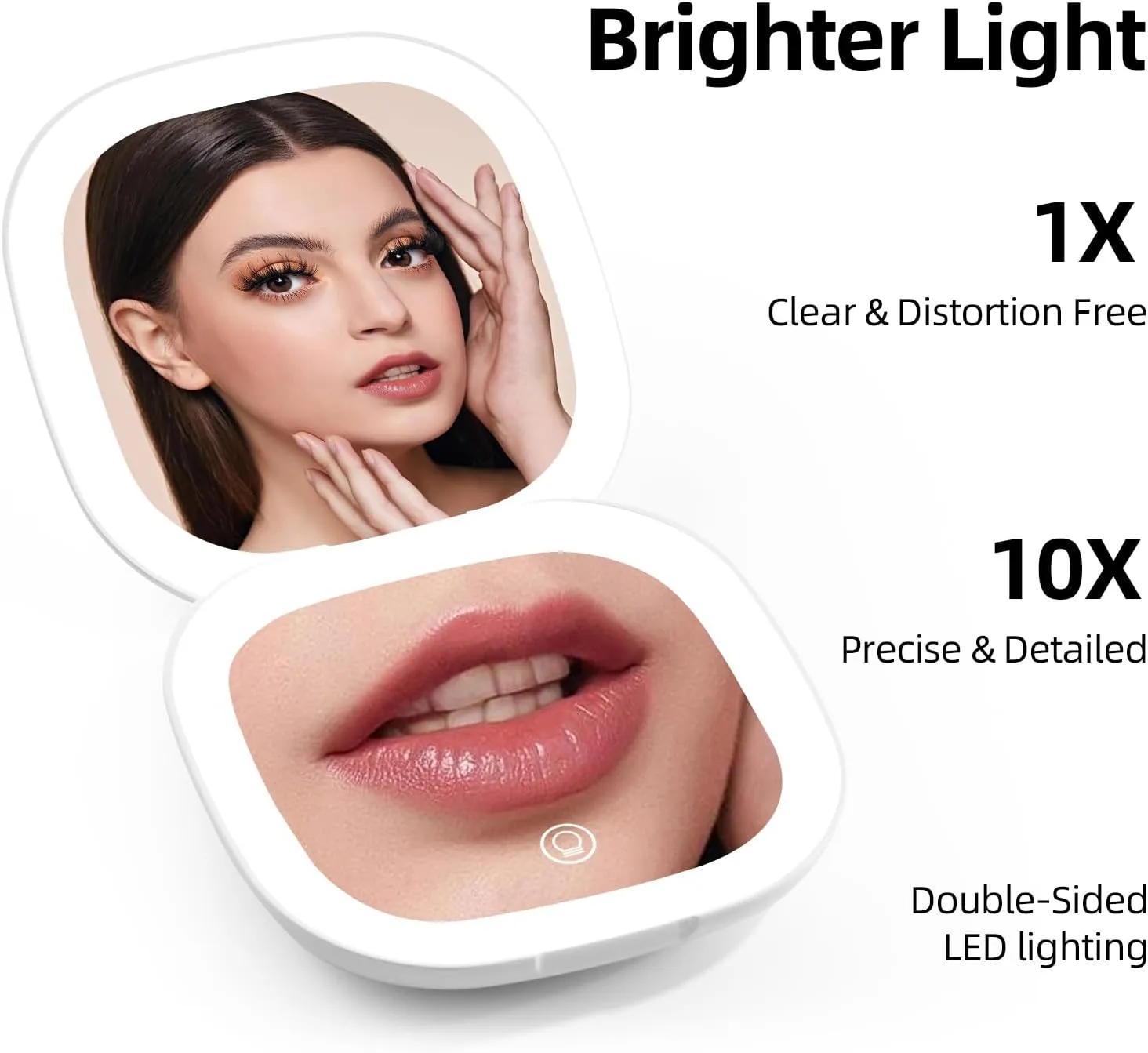 Compact Magnifying Travel Makeup Mirror with LED Light - 3.5 inches 1X/10X Magnification Small Hand Pocket Dimmable Double Sided USB Rechargeable Touch Screen, Portable Tabletop Cosmetic (White)