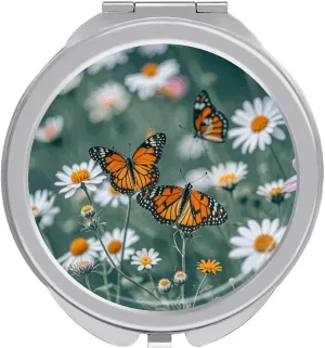 Compact Mirror Butterflies and Wildflowers Print Metal Pocket Travel Makeup Mirror Small Folding Portable Handheld Makeup Mirrors for Women