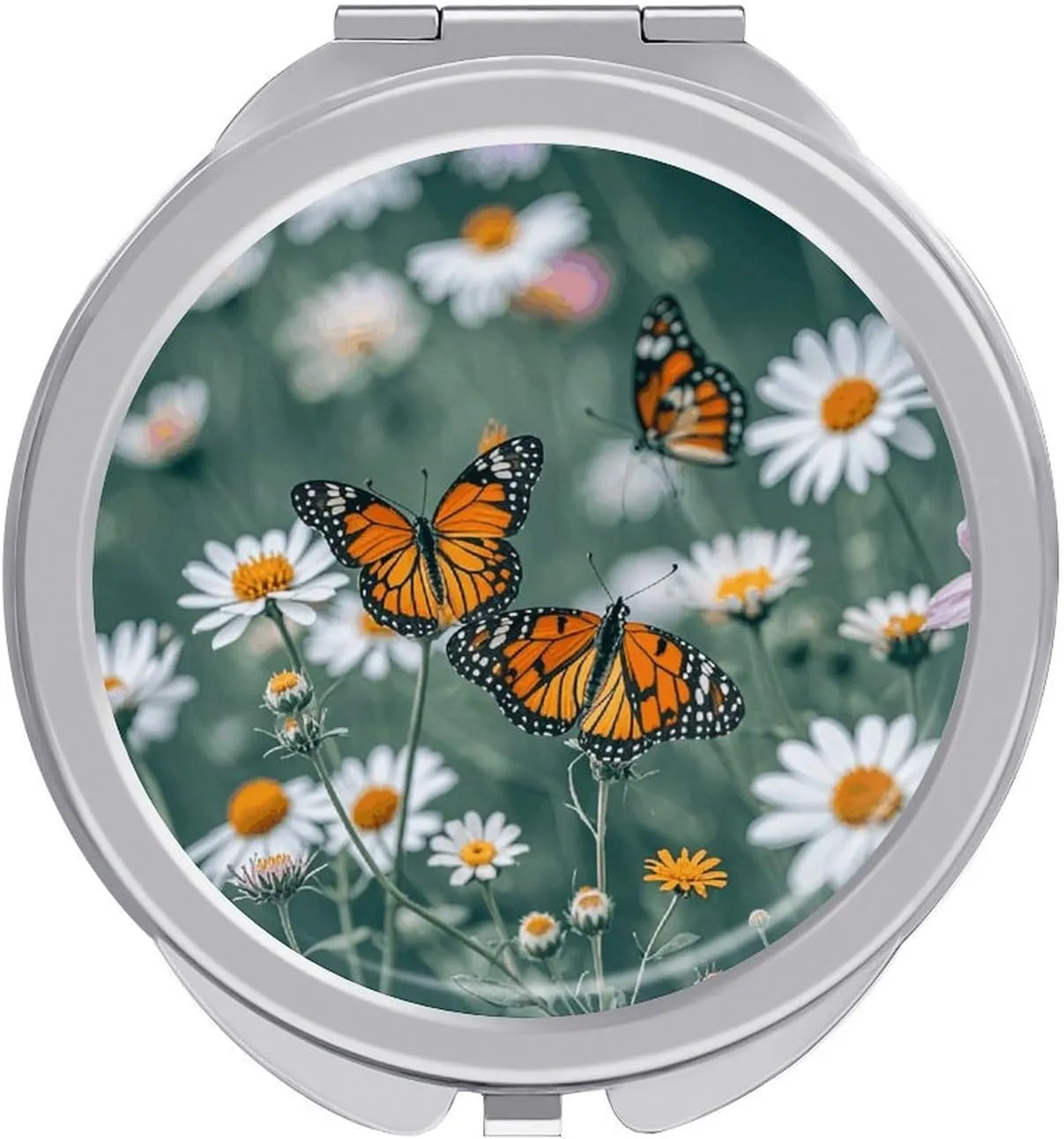 Compact Mirror Butterflies and Wildflowers Print Metal Pocket Travel Makeup Mirror Small Folding Portable Handheld Makeup Mirrors for Women