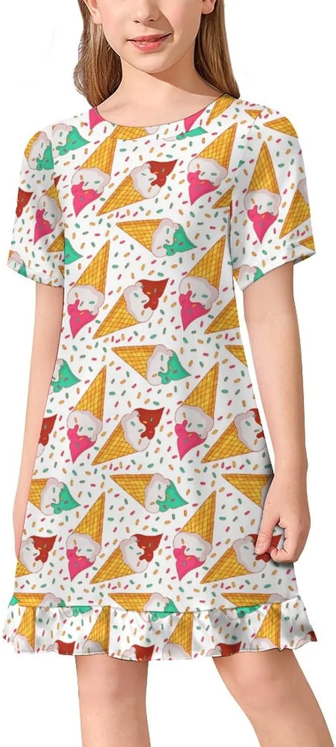 Cone Ice Cream Girls' Short Sleeve Summer Dress Kids Crewneck Loose Casual Dresses 140CM