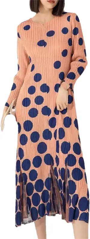 Contrast Color Dot Pleated Dress Women Round Neck Long Sleeves Dresses