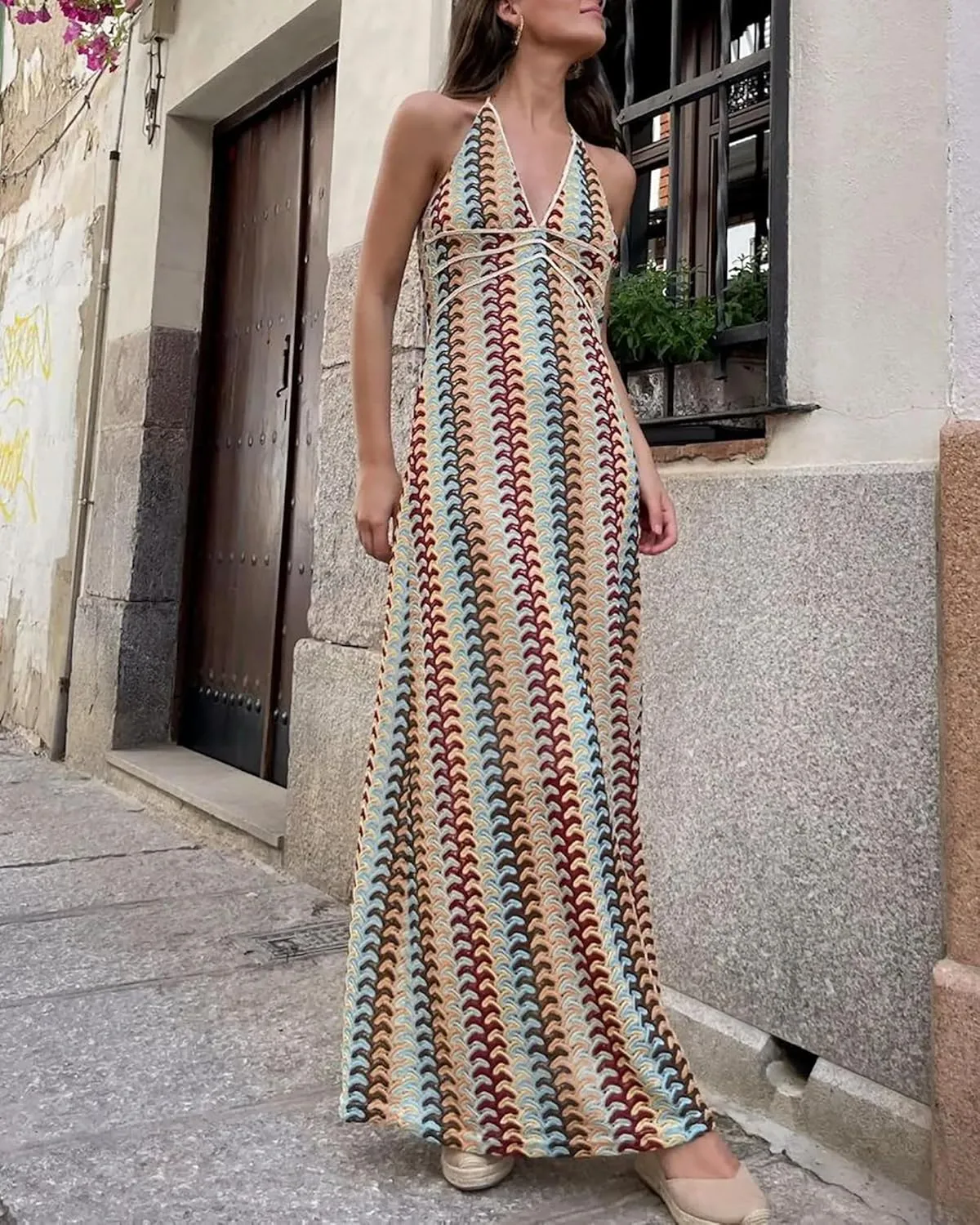 CORIRESHA Women's Sexy Backless Halter Sleeveless Beach Striped Knit Bodycon Maxi Dress