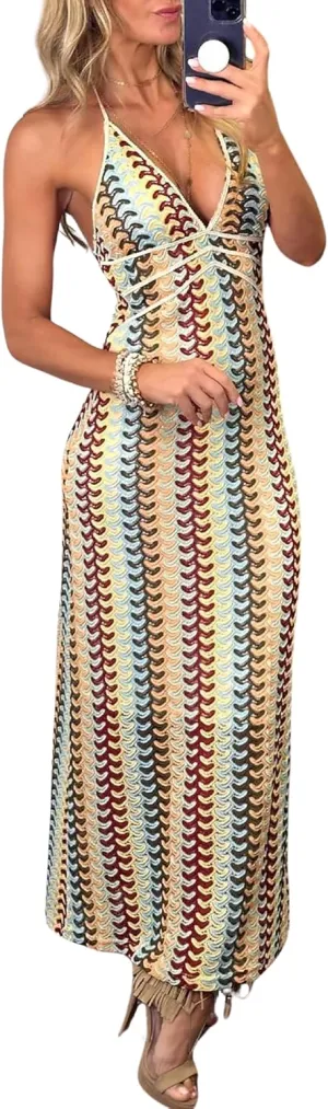 CORIRESHA Women's Sexy Backless Halter Sleeveless Beach Striped Knit Bodycon Maxi Dress