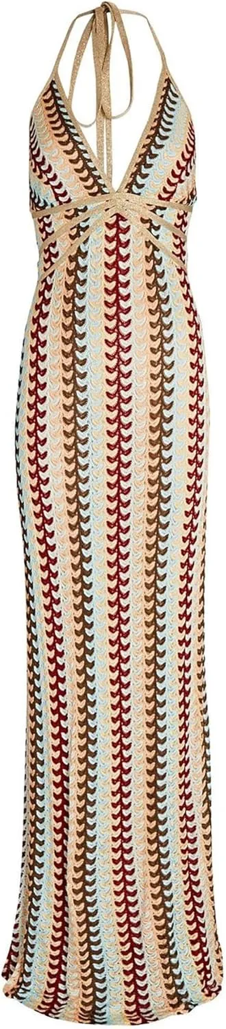 CORIRESHA Women's Sexy Backless Halter Sleeveless Beach Striped Knit Bodycon Maxi Dress