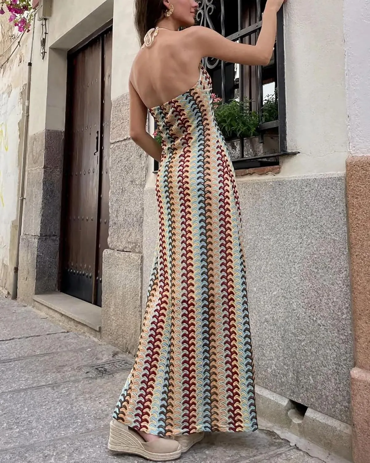 CORIRESHA Women's Sexy Backless Halter Sleeveless Beach Striped Knit Bodycon Maxi Dress