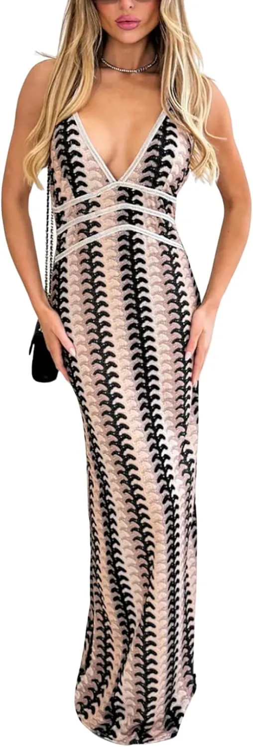 CORIRESHA Women's Sexy Backless Halter Sleeveless Beach Striped Knit Bodycon Maxi Dress