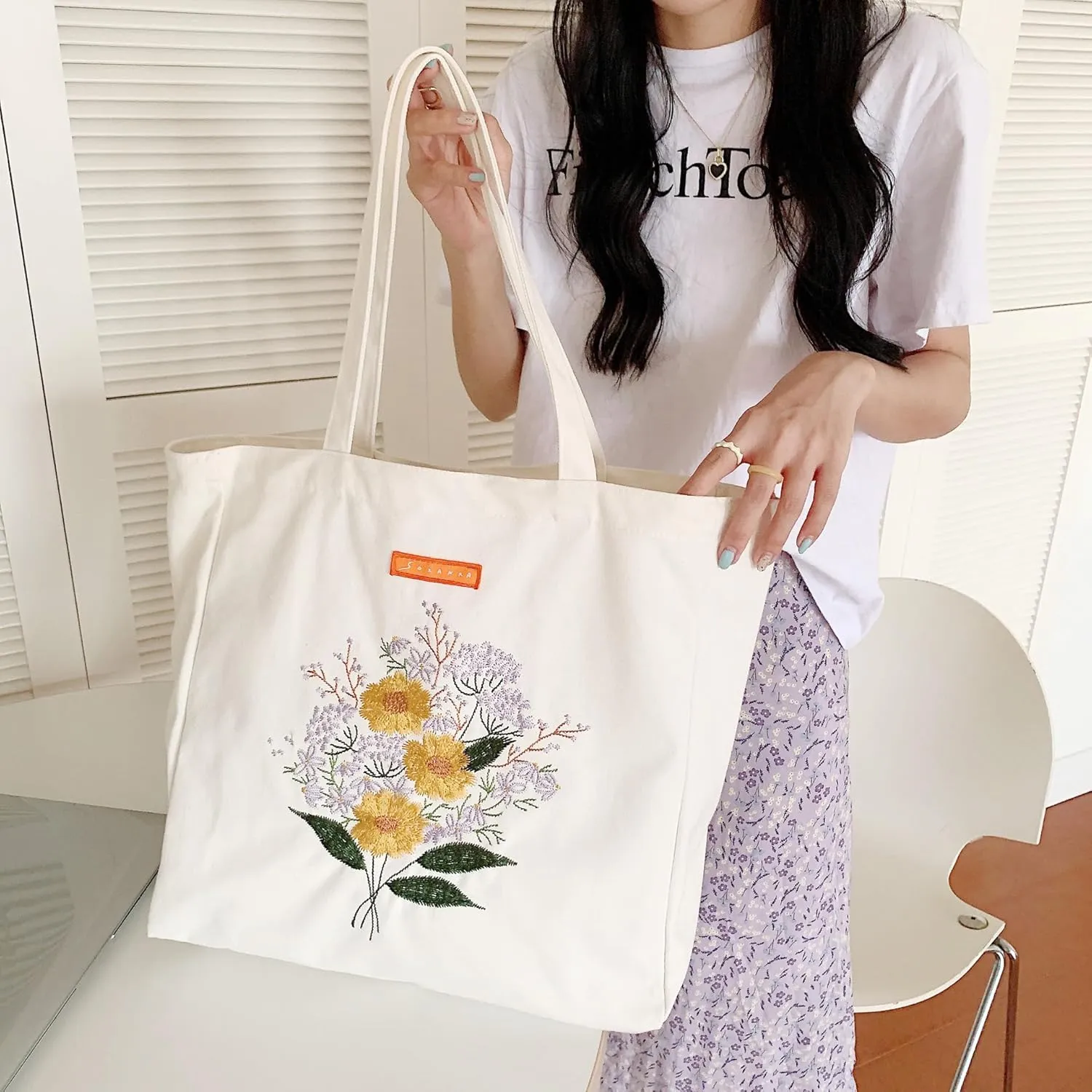 Cotton Canvas Tote Bag Reusable Soft Grocery Cloth Bag Floral Shoulder Bag for Beach Travel Shopping