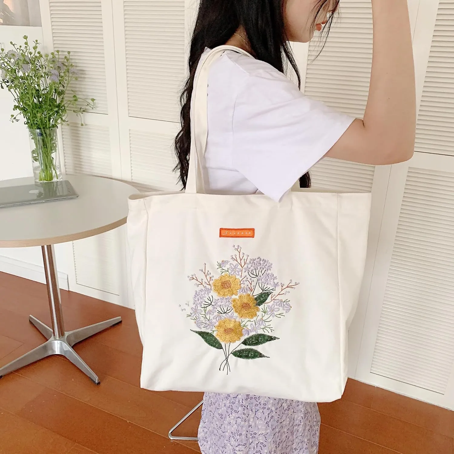 Cotton Canvas Tote Bag Reusable Soft Grocery Cloth Bag Floral Shoulder Bag for Beach Travel Shopping