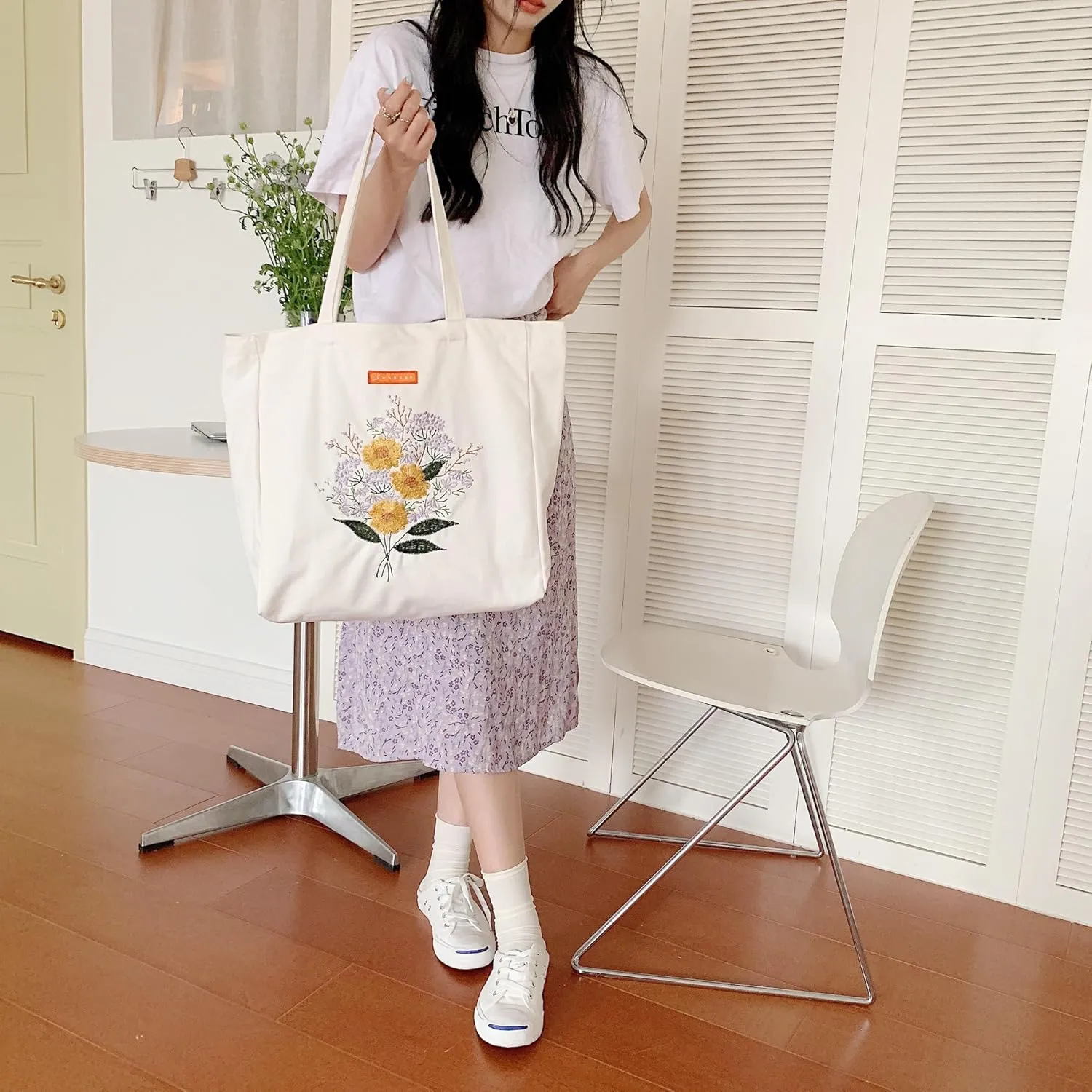 Cotton Canvas Tote Bag Reusable Soft Grocery Cloth Bag Floral Shoulder Bag for Beach Travel Shopping