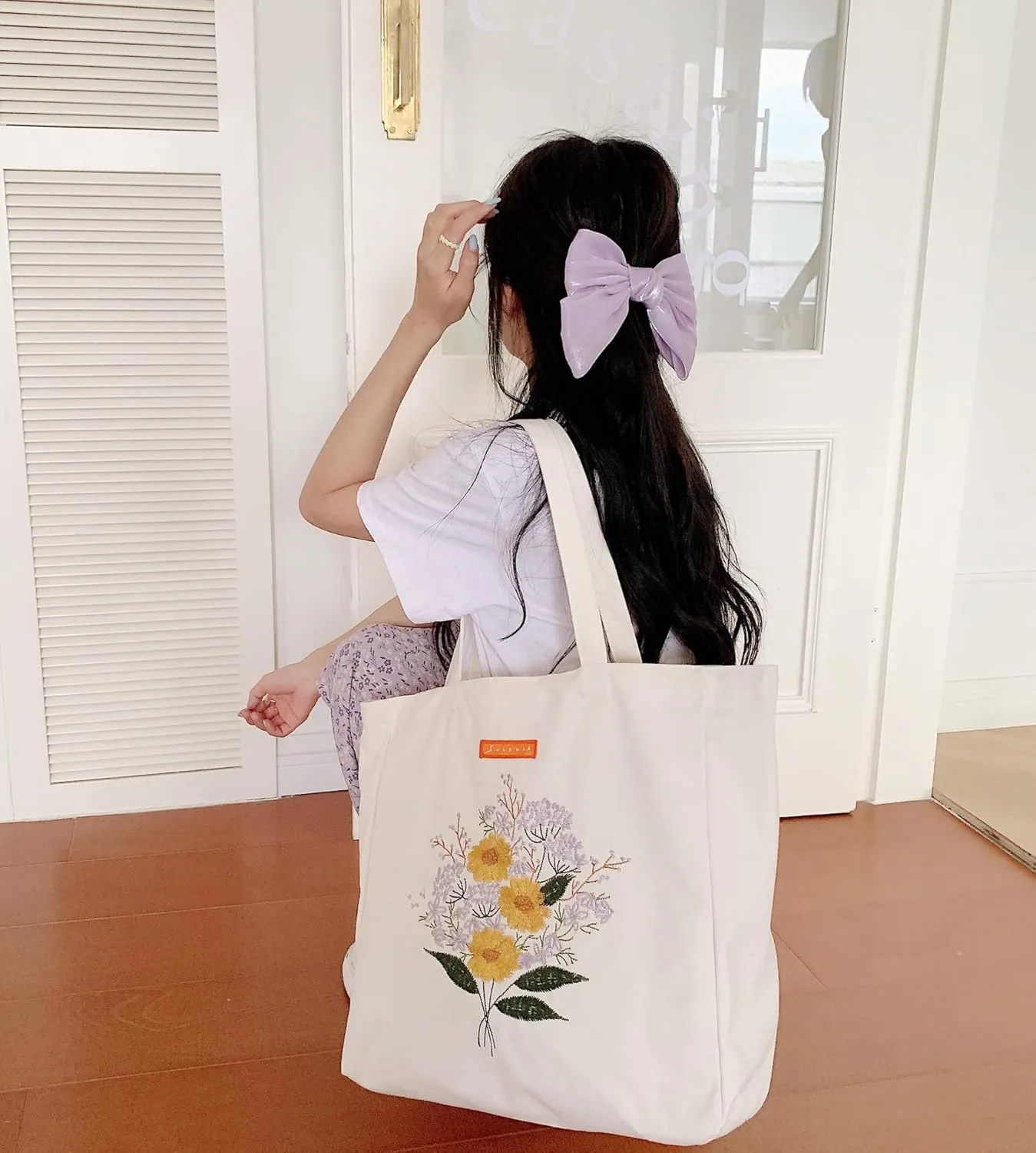 Cotton Canvas Tote Bag Reusable Soft Grocery Cloth Bag Floral Shoulder Bag for Beach Travel Shopping