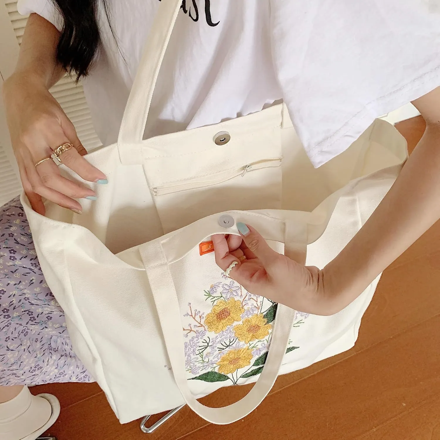 Cotton Canvas Tote Bag Reusable Soft Grocery Cloth Bag Floral Shoulder Bag for Beach Travel Shopping