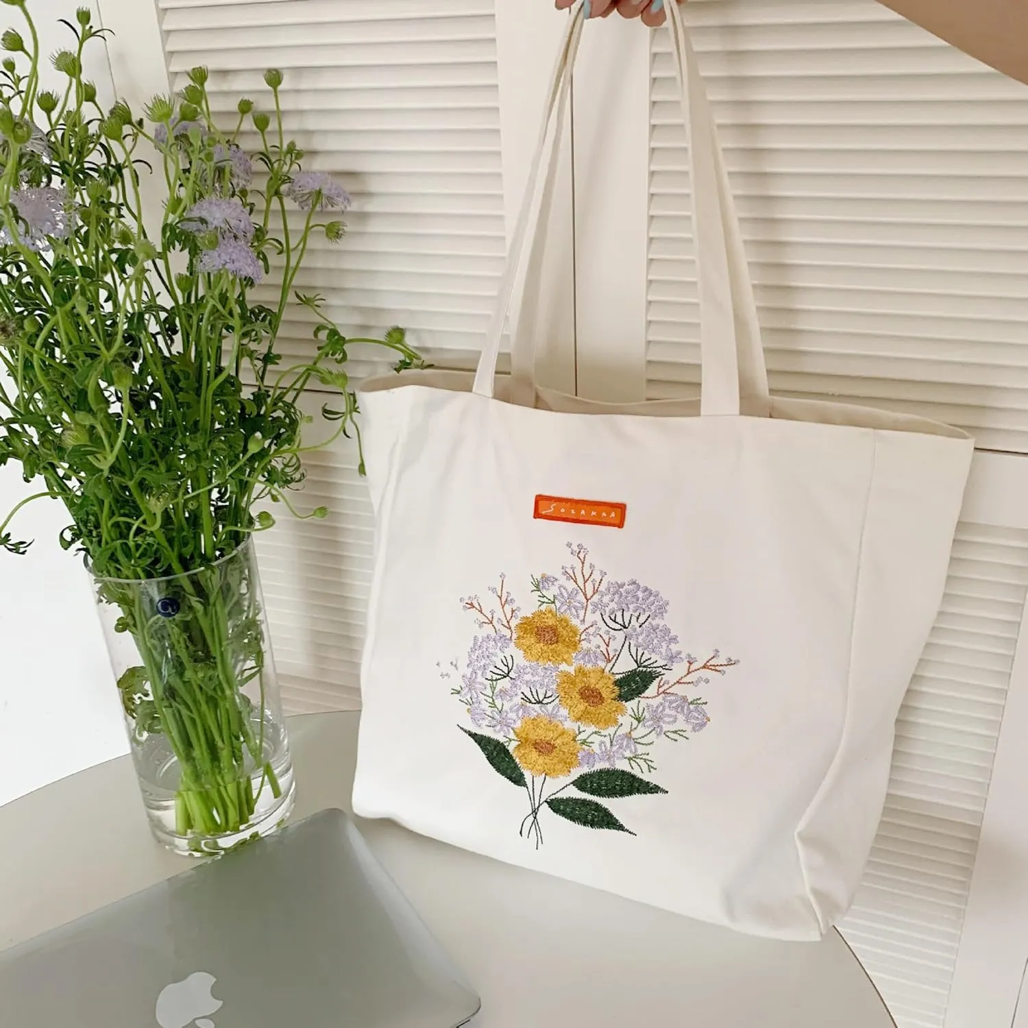 Cotton Canvas Tote Bag Reusable Soft Grocery Cloth Bag Floral Shoulder Bag for Beach Travel Shopping