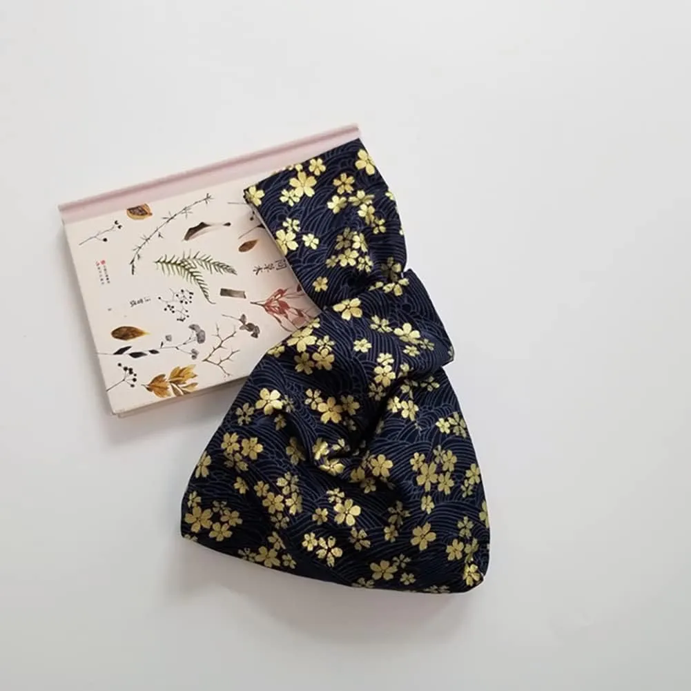 Cotton Japanese Style Wrist Bag, Portable Printed Handbag, Vintage Elegant Sleeve Knot Pouch, Women's Floral Canvas Tote