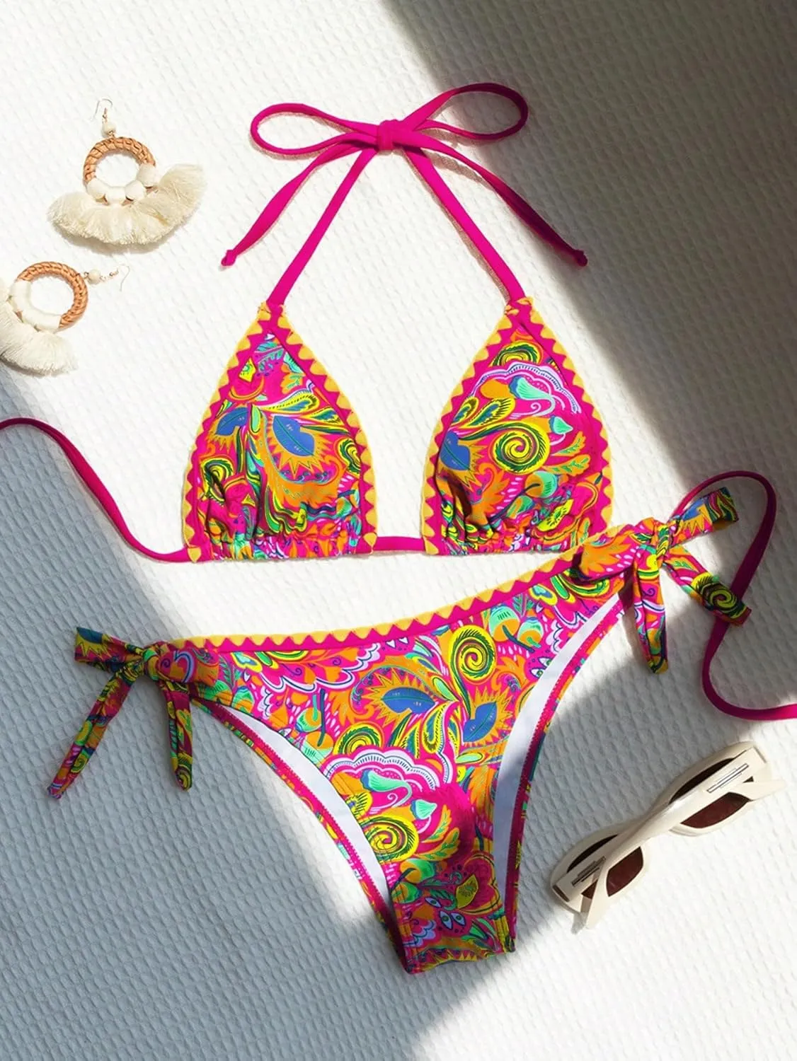 COZYEASE Women's Bikini Sets 2 Piece Halter Triangle Allover Print Swimsuit Set Boho Knot Side Bathing Suit Set