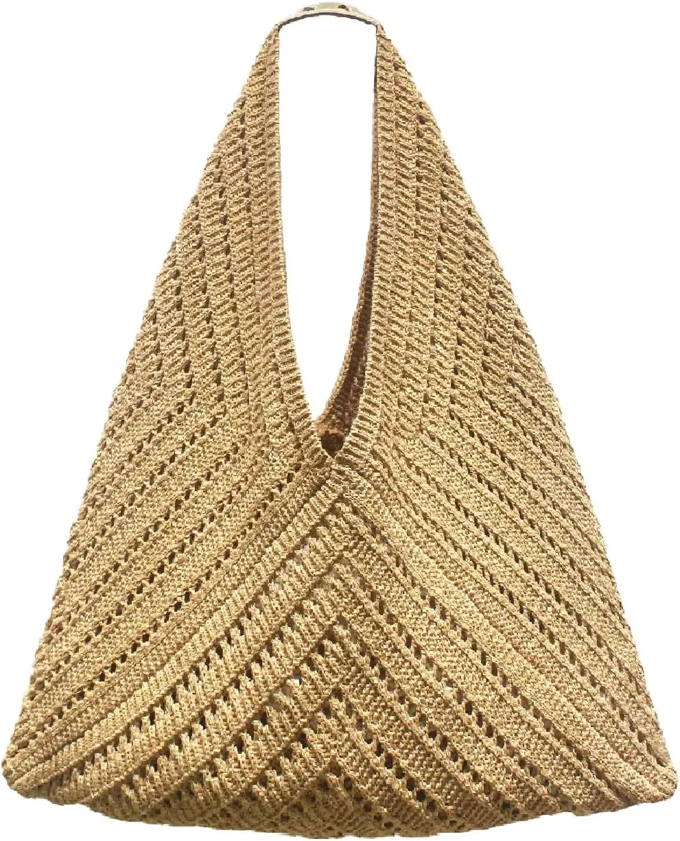 Crochet Beach Tote Bag Summer Vacation Handbags Beach Bag for Women Cute Woven Shoulder Purses Mesh Knit Crochet Bag