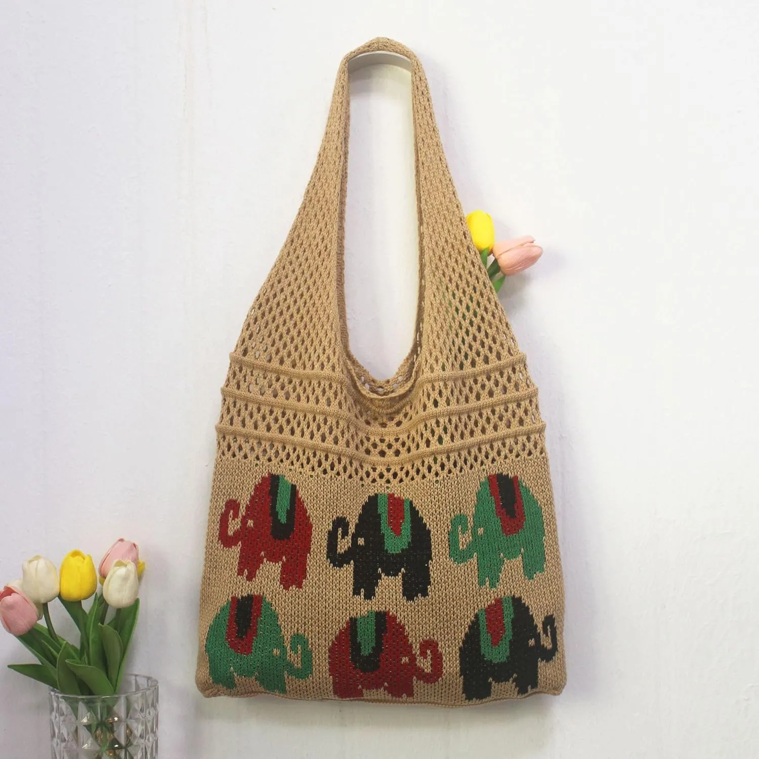 Crochet Tote Bag, Elephant Beach Mesh Knitted Bag Shoulder Bag Handbags for Women Summer