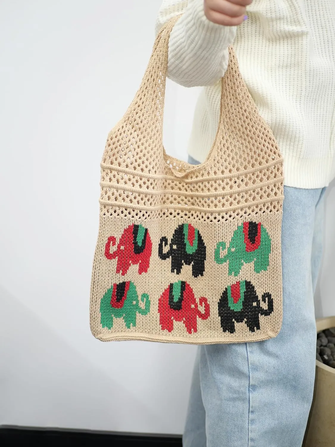 Crochet Tote Bag, Elephant Beach Mesh Knitted Bag Shoulder Bag Handbags for Women Summer