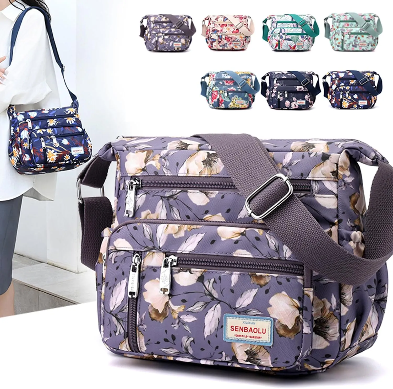 Crossbody Bag for Women Nylon Multi pockets Shoulder Bag Waterproof Floral Messenger Satchel Purses and Handbags
